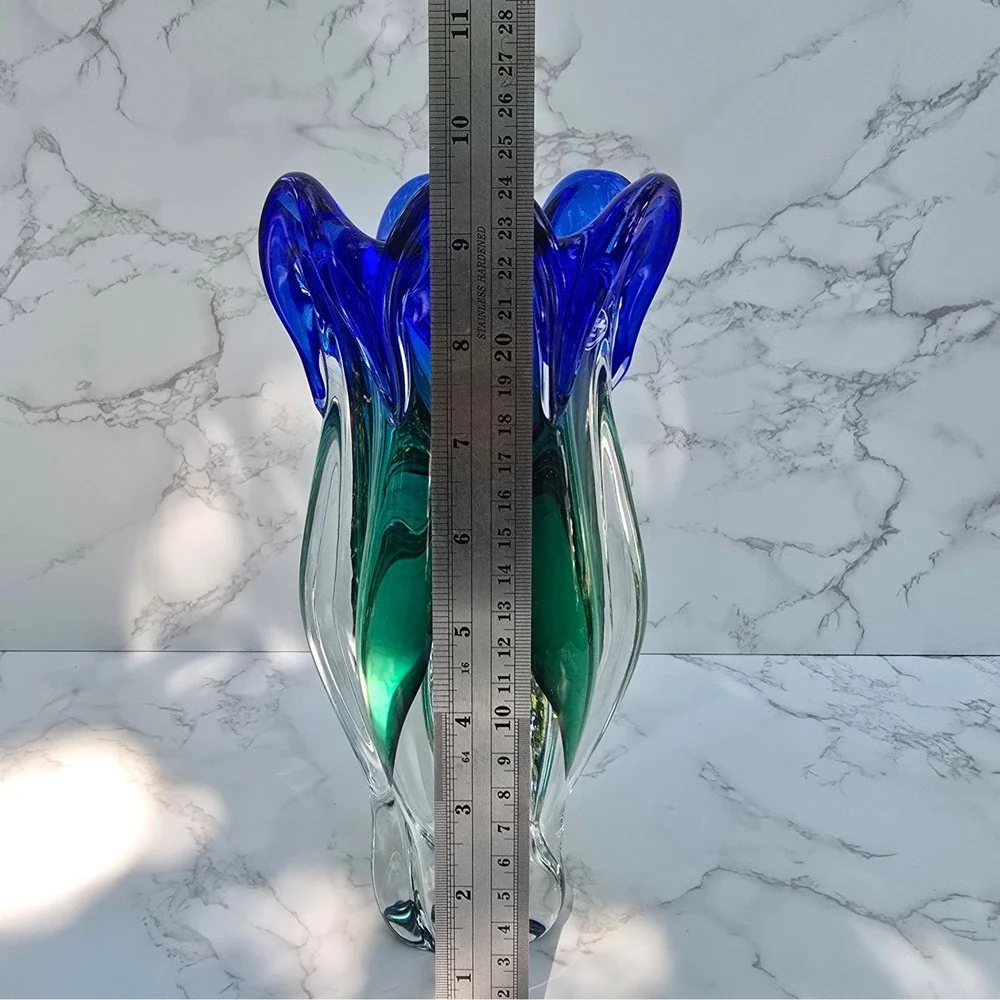 Royal Gallery Poland Art Glass Vase Blue Green Pulled Rim 1999 Federated 10 inch